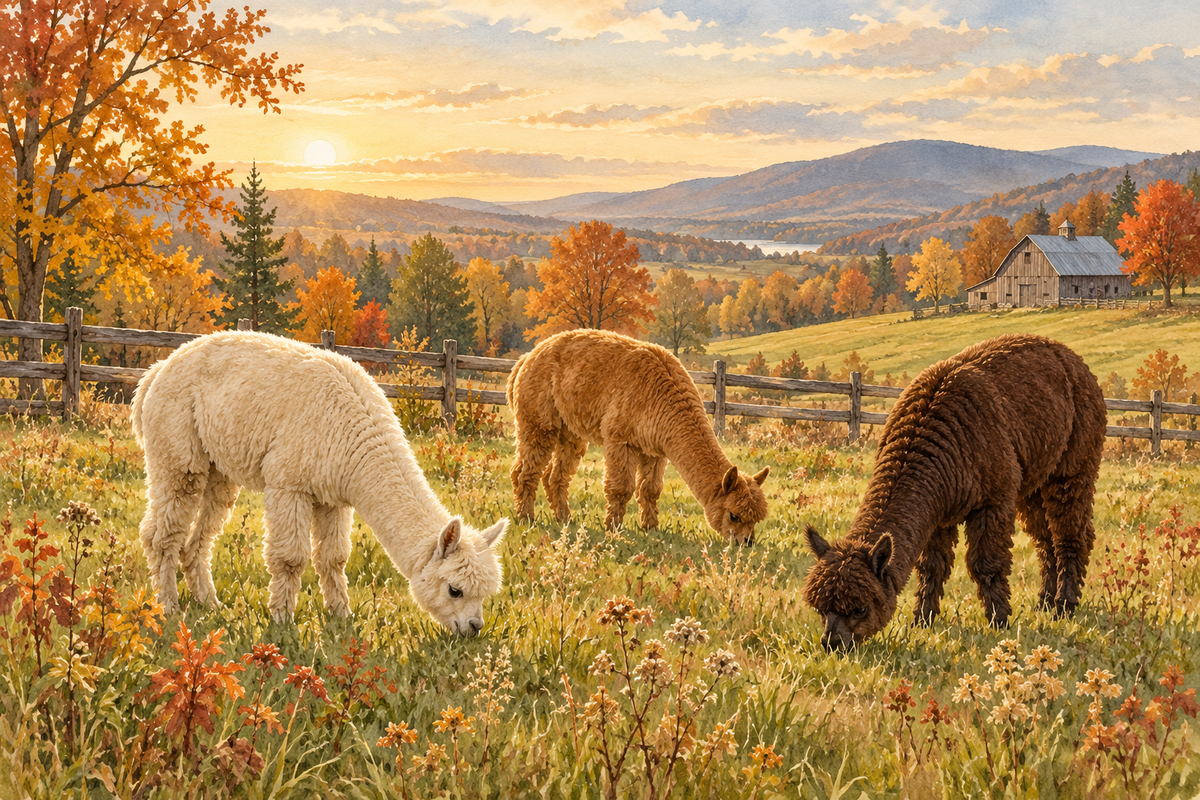 Watercolor illustration of three alpacas grazing in an autumn meadow.