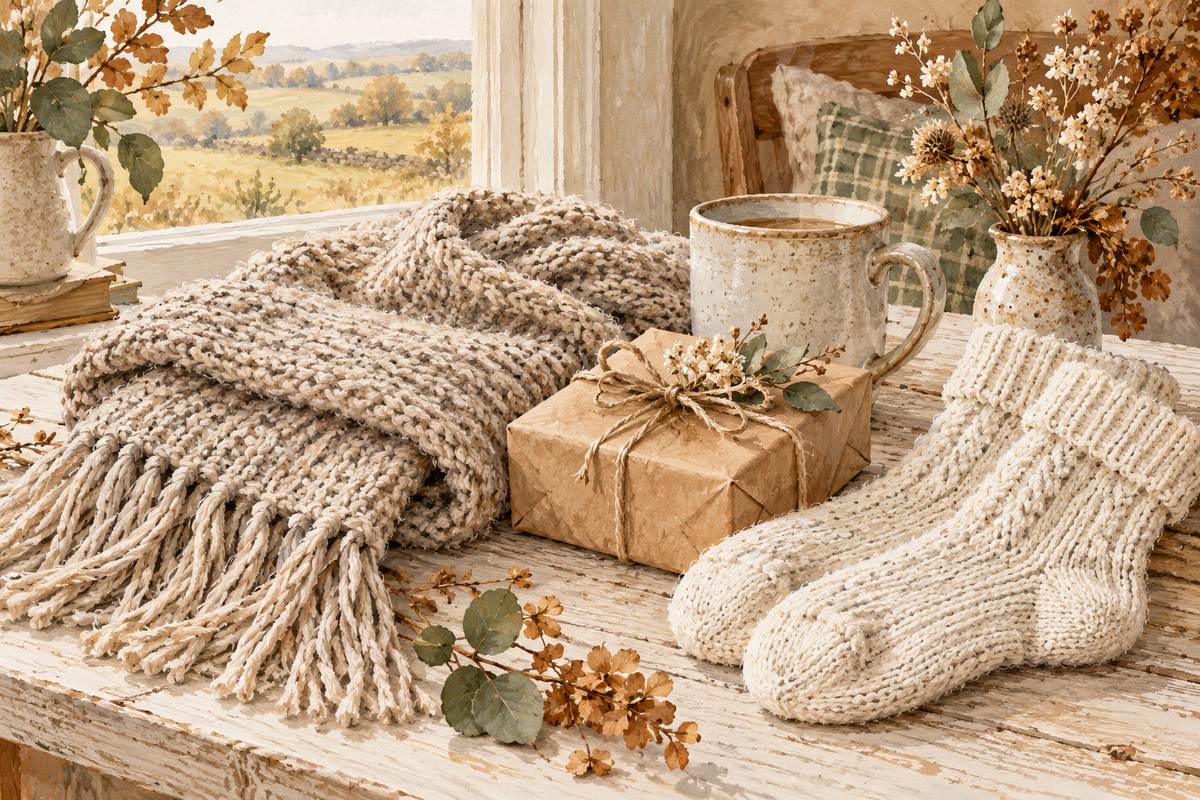 Watercolor illustration of knitted accessories, a wrapped gift, and a ceramic mug beside a window.