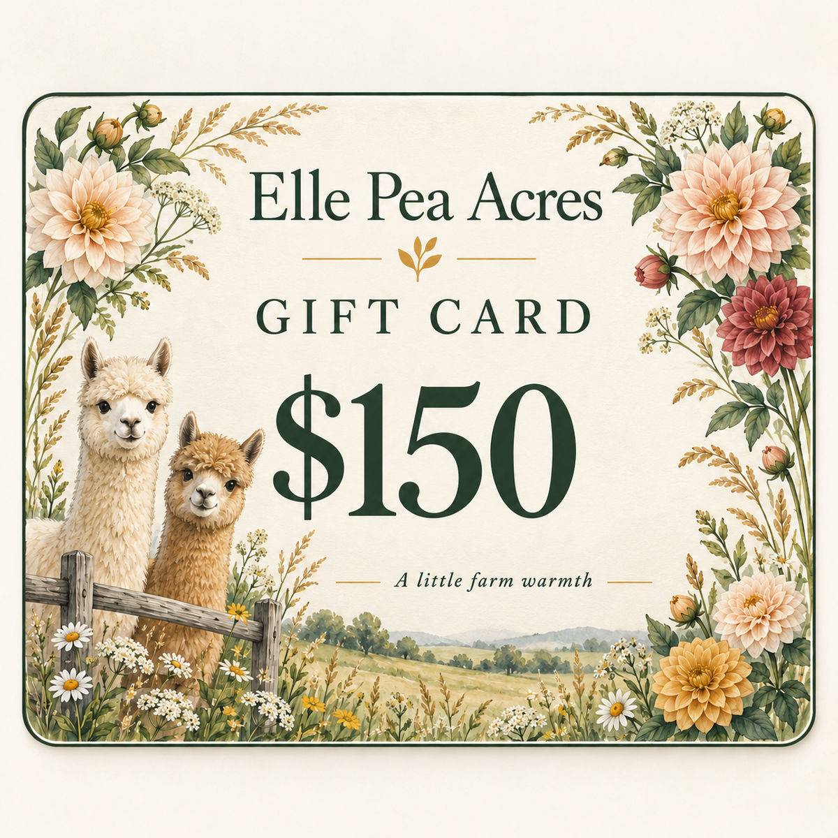 Elle Pea Acres $150 gift card with alpacas and flowers