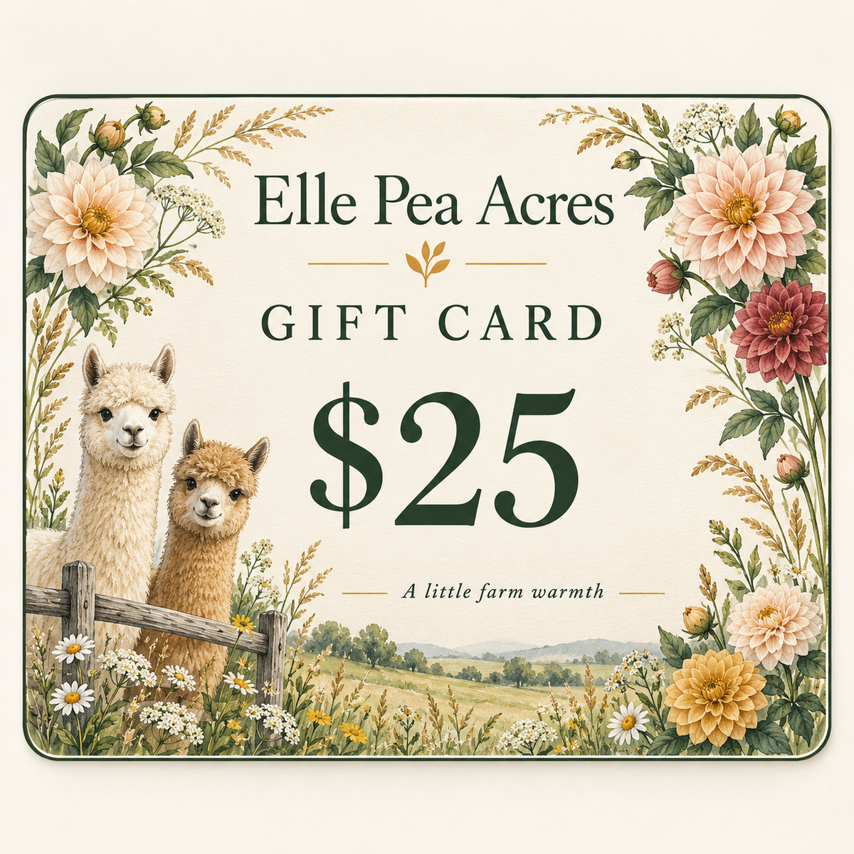 Elle Pea Acres $25 gift card with alpacas and flowers