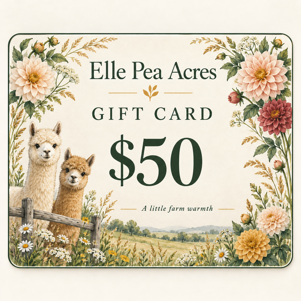 Elle Pea Acres $50 gift card with alpacas and flowers